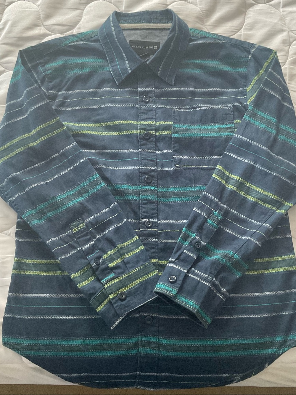 Ocean Current Navy Button-Down long sleeve Shirt with Teal & Lime Stripes